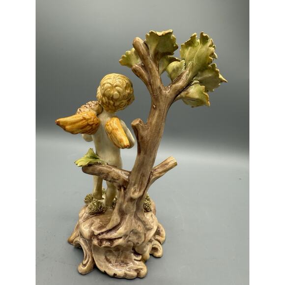 Vintage Capodimonte Cherub Angel Figurine w/ Flowers & Tree Italy 9” Tall - Picture 3 of 7